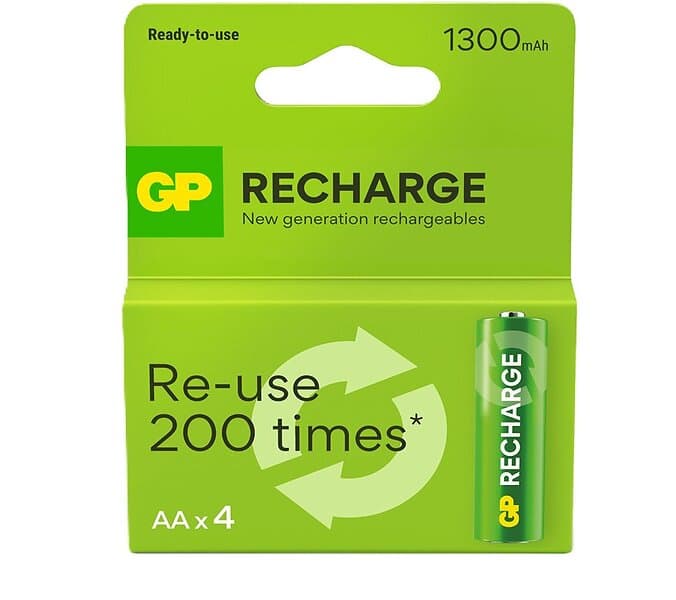 GP Batteries Recharge Rechargeable Battery, Size AA, 1300 mAh, 4-pack