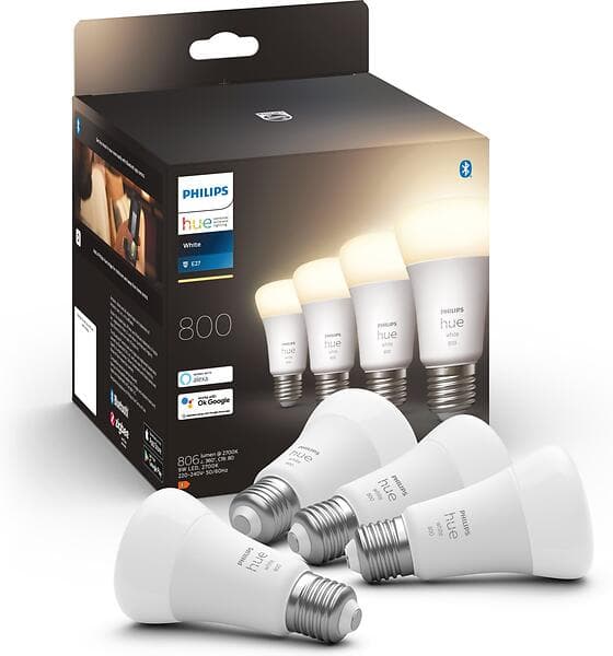 Philips Hue White LED E27 A60 2700K 800lm 9W 4-pack