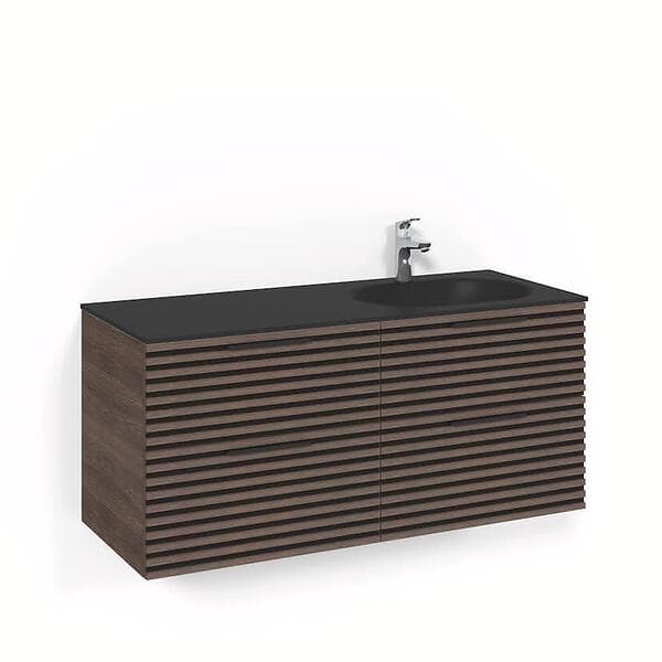 Macro Design Tvättställsskåp Stripe Med Glastvättställ CrownKommo120x45BrunAsk Mattsvart Glashandfat Högerho FSK120BZSGHH
