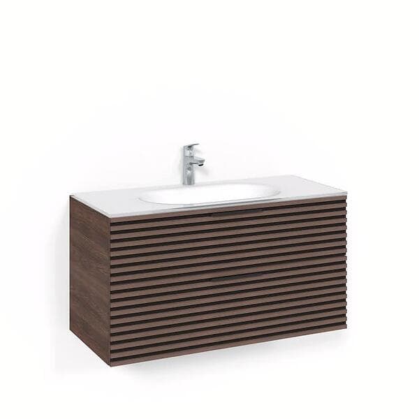 Macro Design Tvättställsskåp Crown Stripe Med Glastvättställ Kommod 100x45 Brun Ask Vitt Glashandfat FSK100BZVG