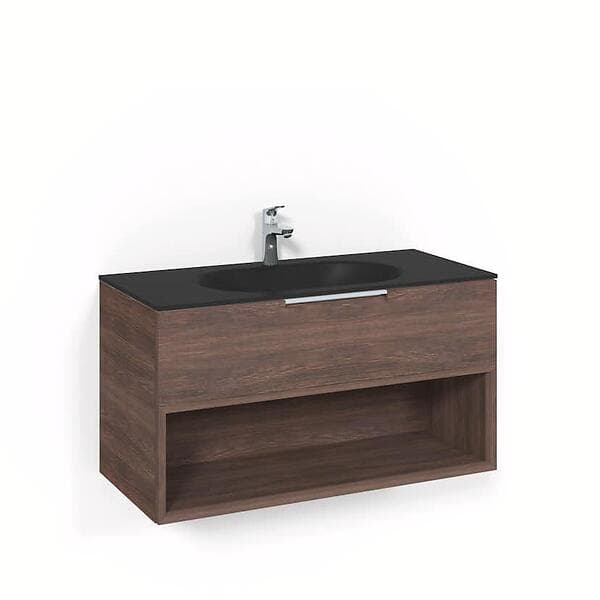 Macro Design Tvättställsskåp Box Med Glastvättställ CrownKommo100x45 BrunAsk Open-shelf Mattsvart Glashandfat FSK100BOSG