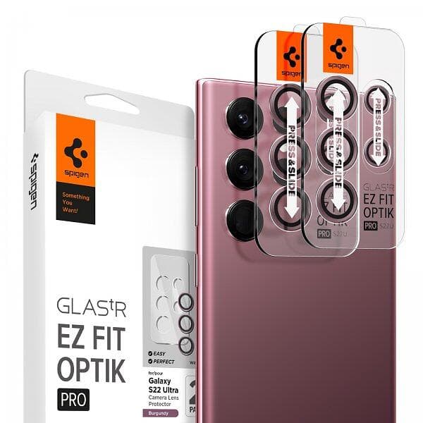 Spigen Samsung Galaxy S22 Ultra Kameralinsskydd GLAS.tR EZ Fit Optik Pro 2-pack Burgundy