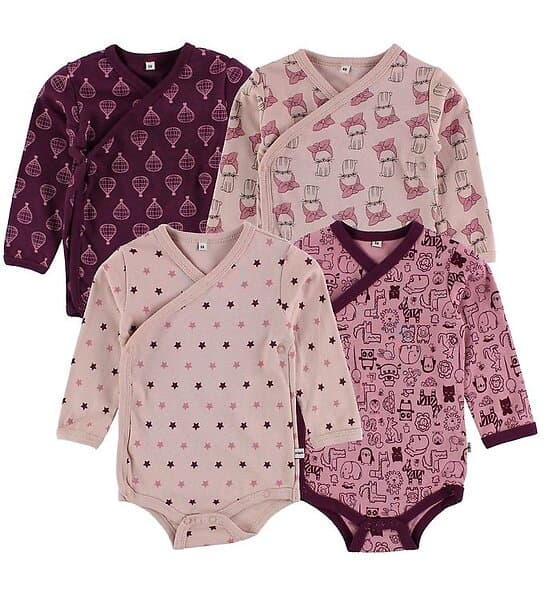 Pippi Baby Omlottbody 4-pack Mörklila/Rosa m. Tryck 74 Baby Body L/Ä