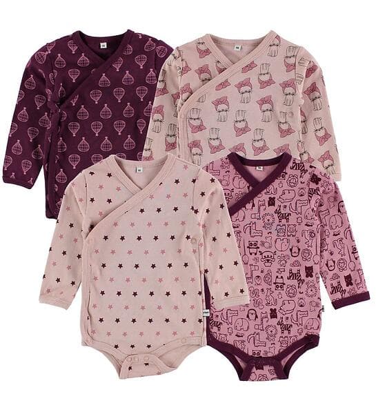 Pippi Baby Omlottbody 4-pack Mörklila/Rosa m. Tryck 1 år (80) Baby Body L/Ä