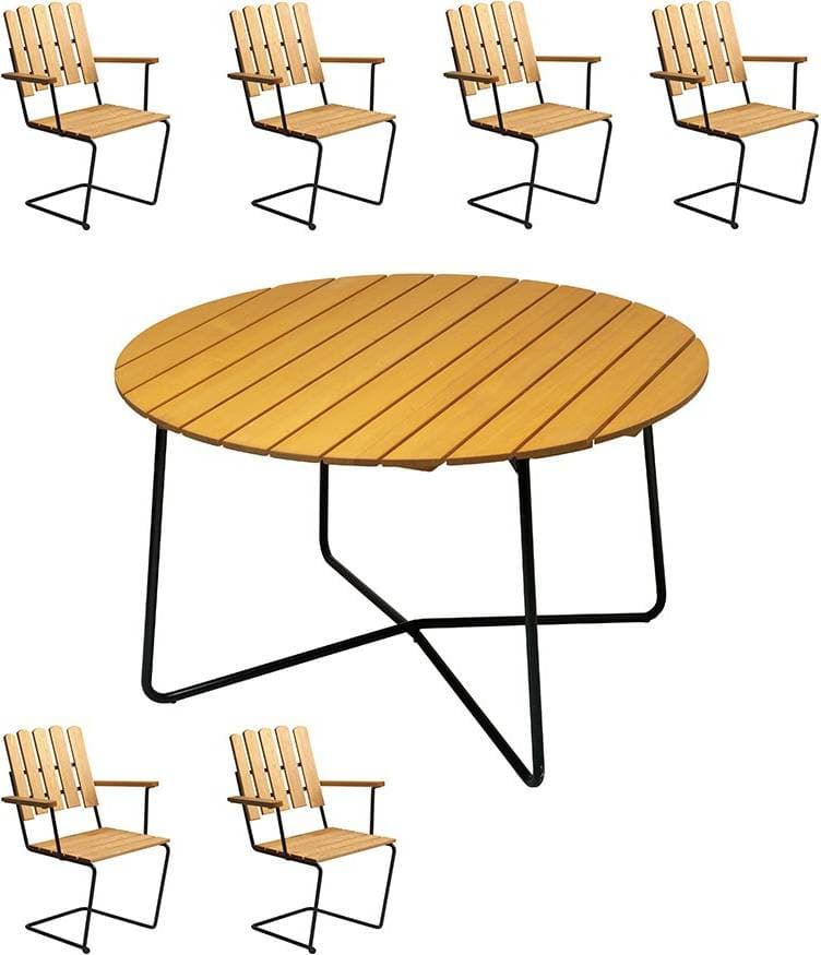 Grythyttan 9A 120cm Table inkl. A2 6 seat Armchair Matgrupp, 1 Bord inkl. 6 Stolar