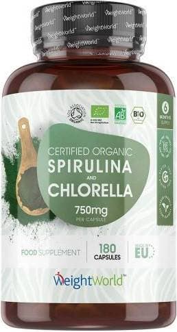 WeightWorld Ekologiska spirulina- & chlorella tillskott i tablettform En högkvalitativ produkt som levererar 180 kapslar 180 st