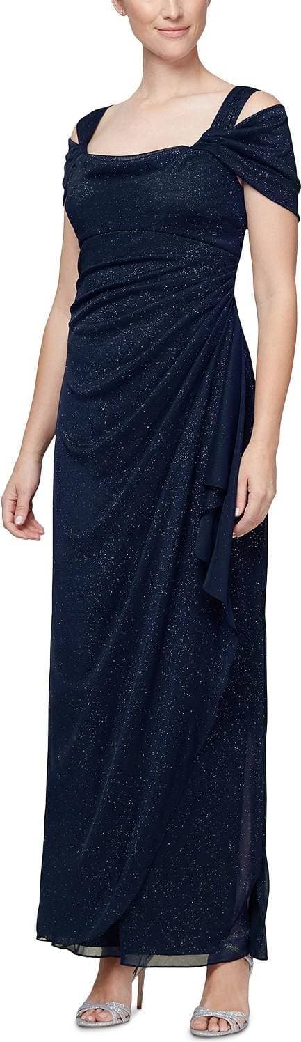 Alex Evenings Cold-Shoulder Draped Metallic Gown - Navy Blue