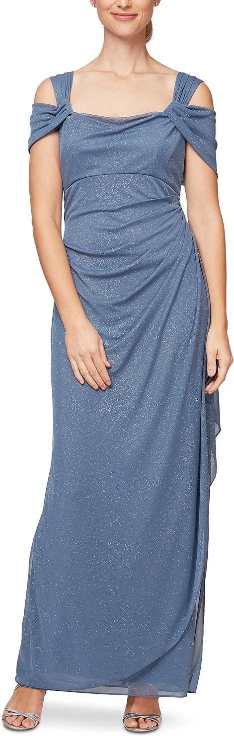 Alex Evenings Cold-Shoulder Draped Metallic Gown - Dusty Blue