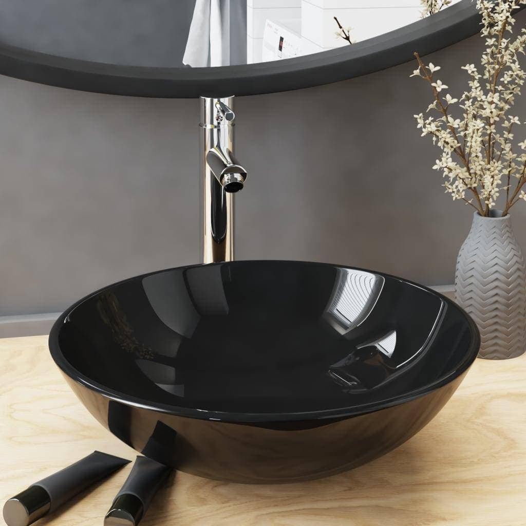 vidaXL Glass Countertop Sink - Black, Round, with Tap Included