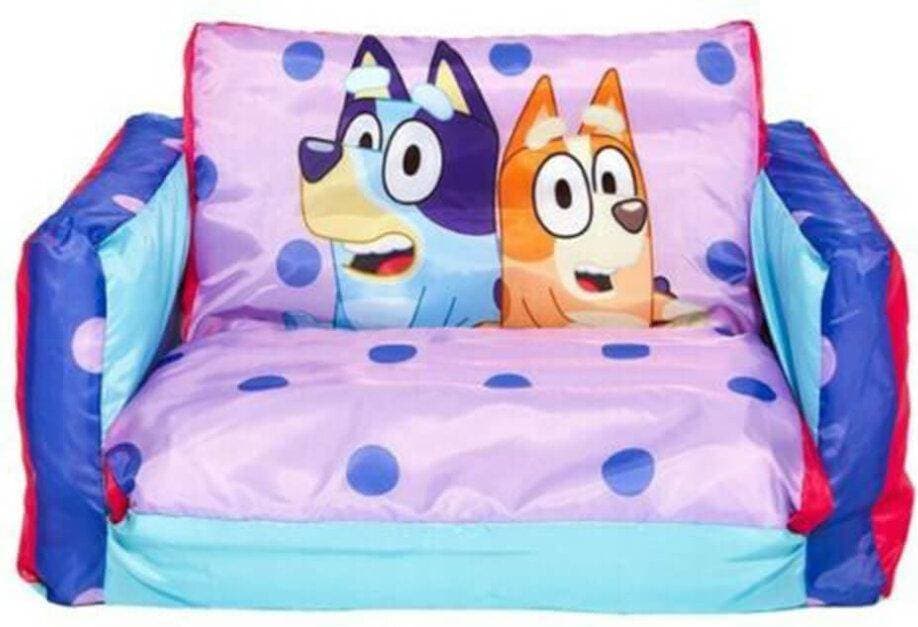 Moose Bluey Flip Out Mini 2-i-1 barn uppblåsbar soffa och solstol, H: 26 cm B: 68 cm D: 105 cm