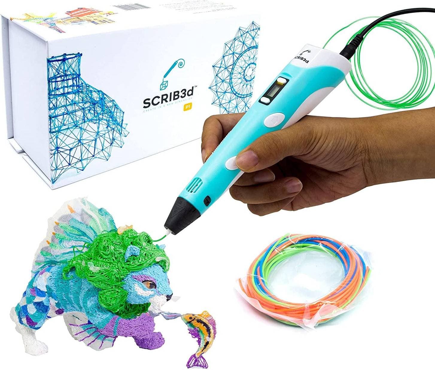 SCRIB3D P1 3D Printing Pen with Display - Includes 3D Pen, 3 Starter Colors of PLA Filament, Stencil Book + Project Guide