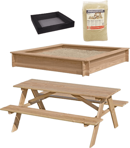 Nordic Play Active Set with Sandpit Children's Picnic Table Larch Sandpit Net & Sand 200kg