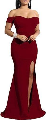 YMDUCH Women's Off Shoulder High Split Evening Gown - Wine Red