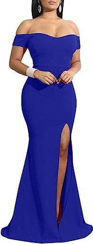YMDUCH Women's Off Shoulder High Split Evening Gown - Royal Blue