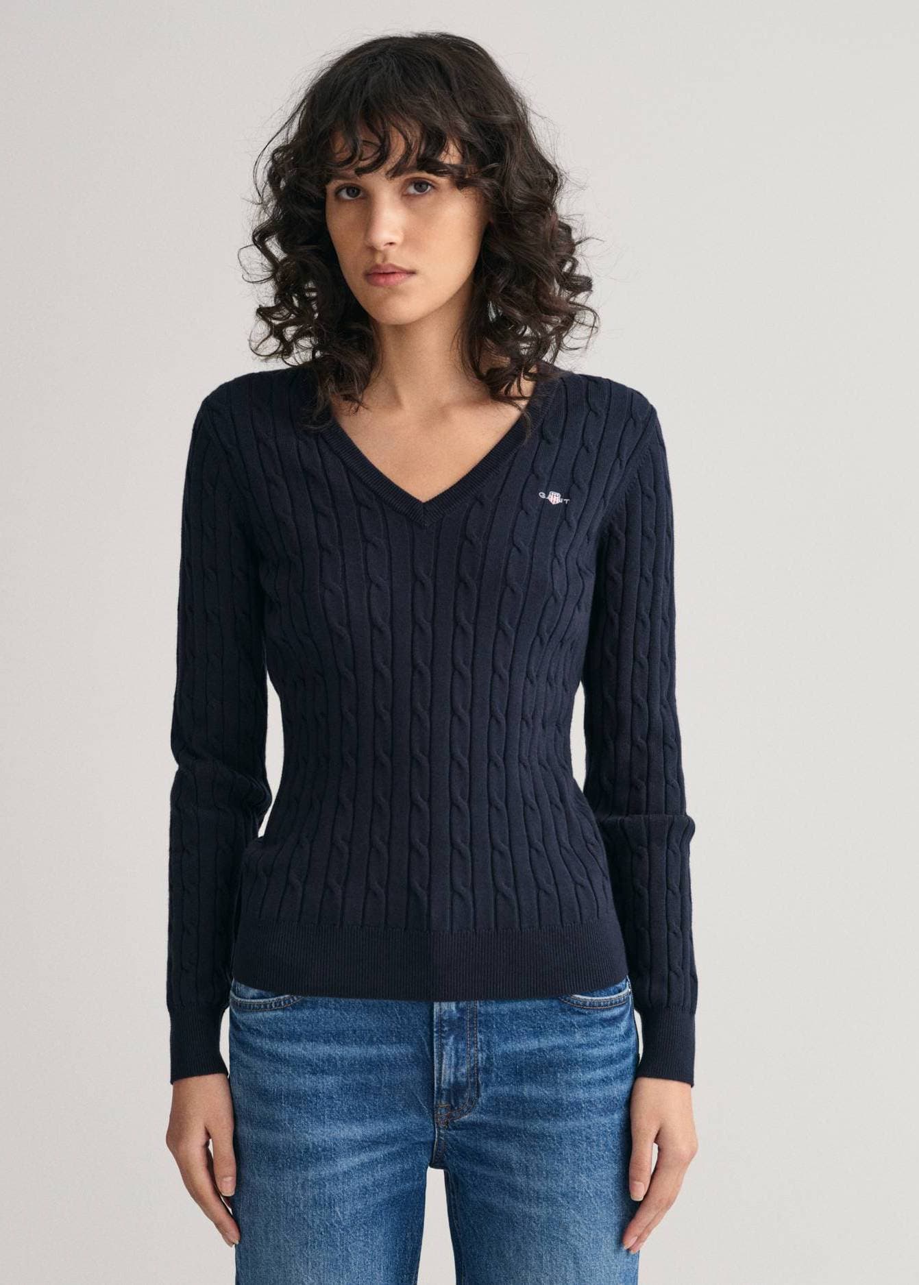 Gant Dam V-ringad kabelstickad tröja bomullsstretch Blå