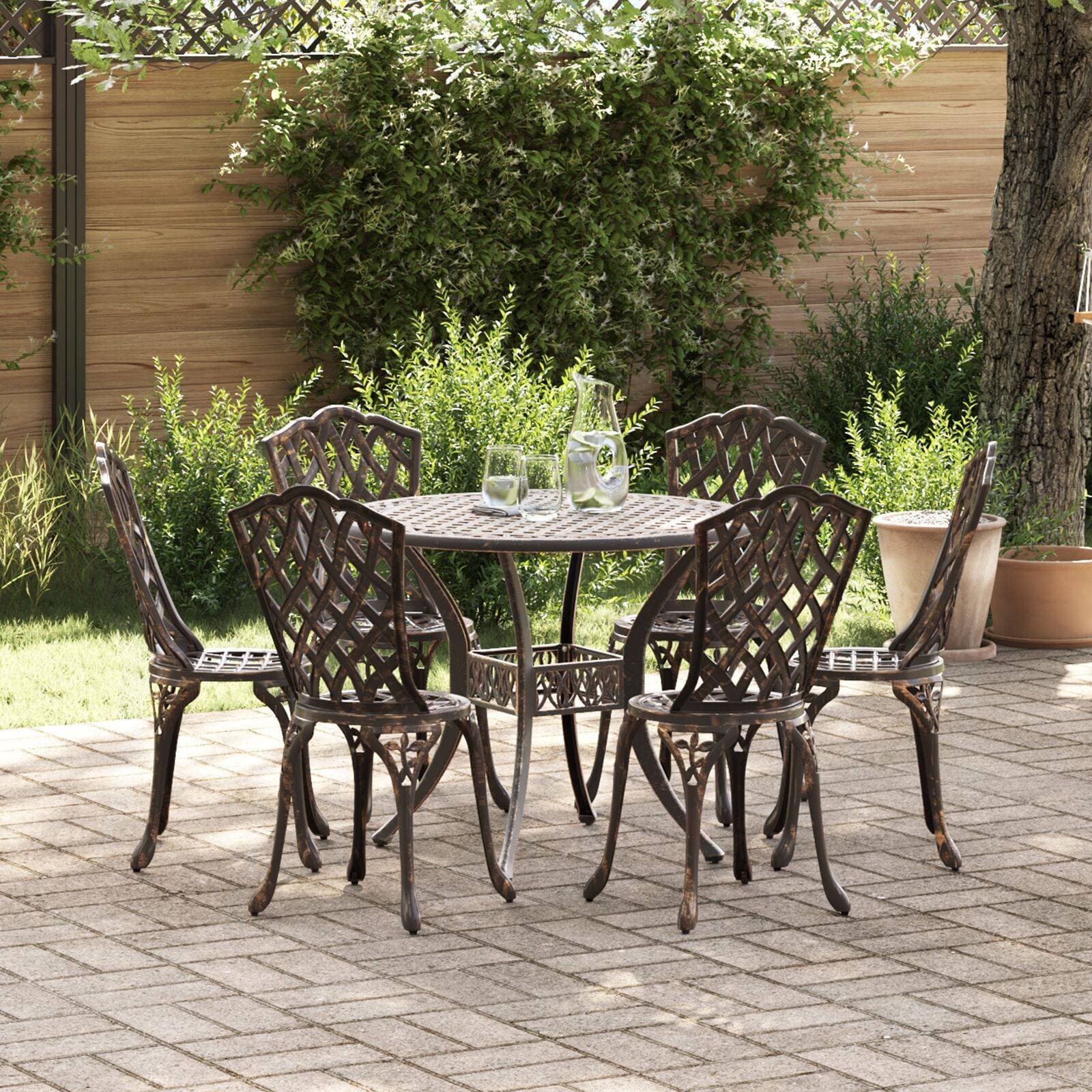 vidaXL 7-delars Trädgårdsdining Set i Brons Gjuten Aluminium Matgrupp, 1 Bord inkl. 6 Stolar
