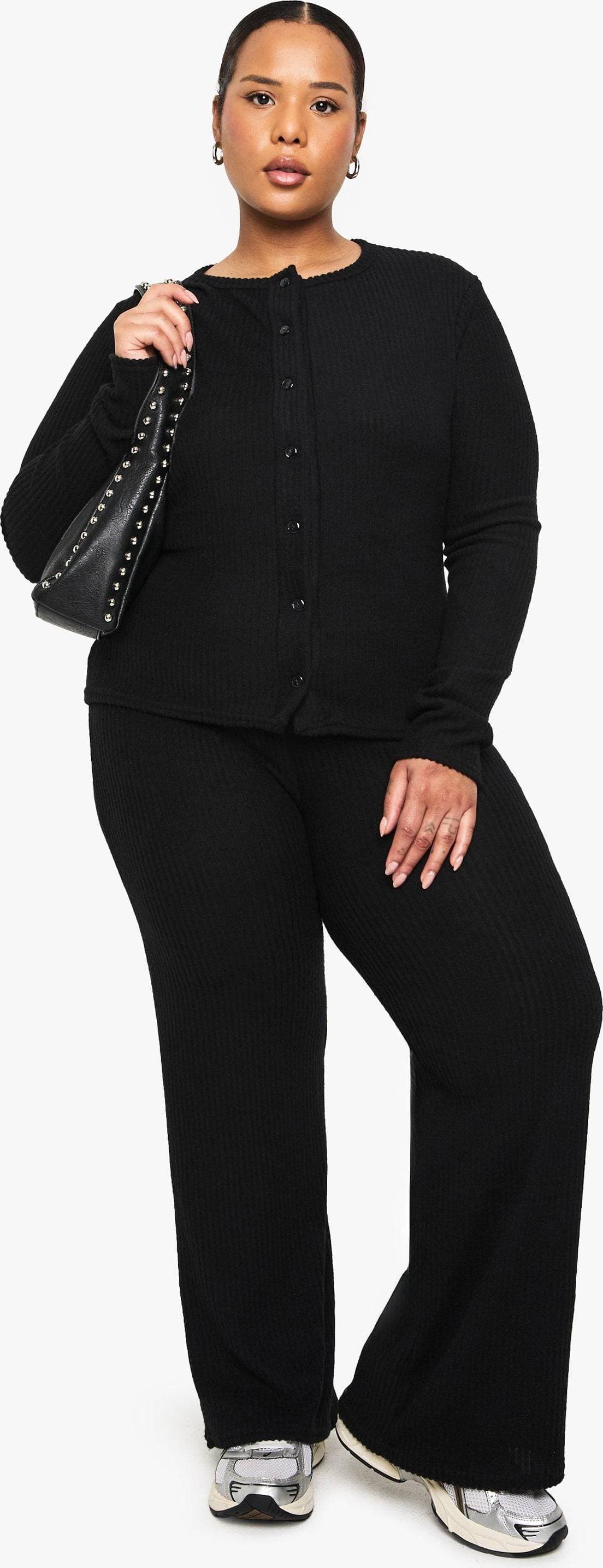 boohoo Dam Plus Mjuk Ribbstickad Cardigan Elastiska Byxset - Black