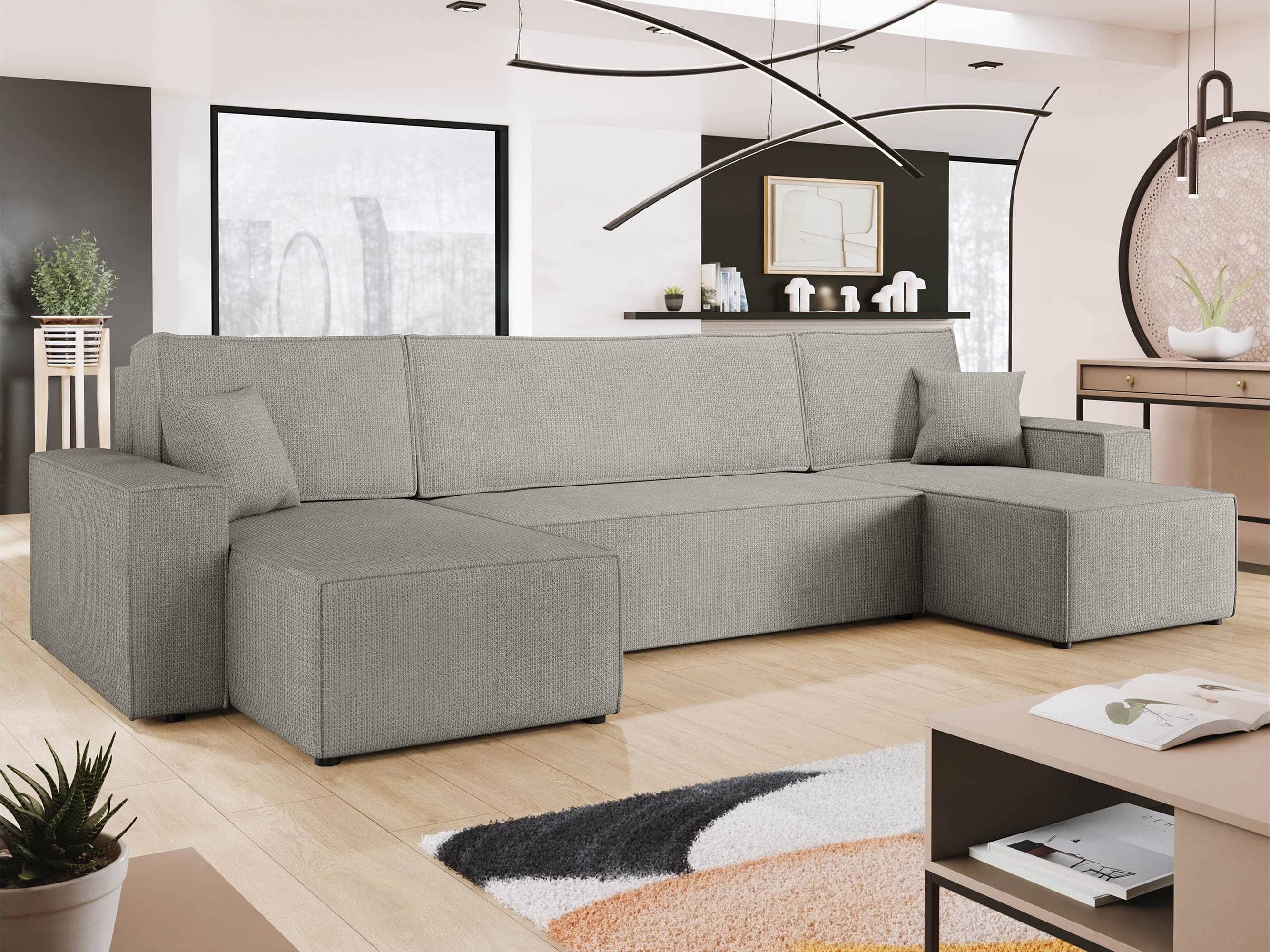 Mirjan24 Schlafsofa mit Doppel-Recamiere Plüsch Grau Soffa 4-sits
