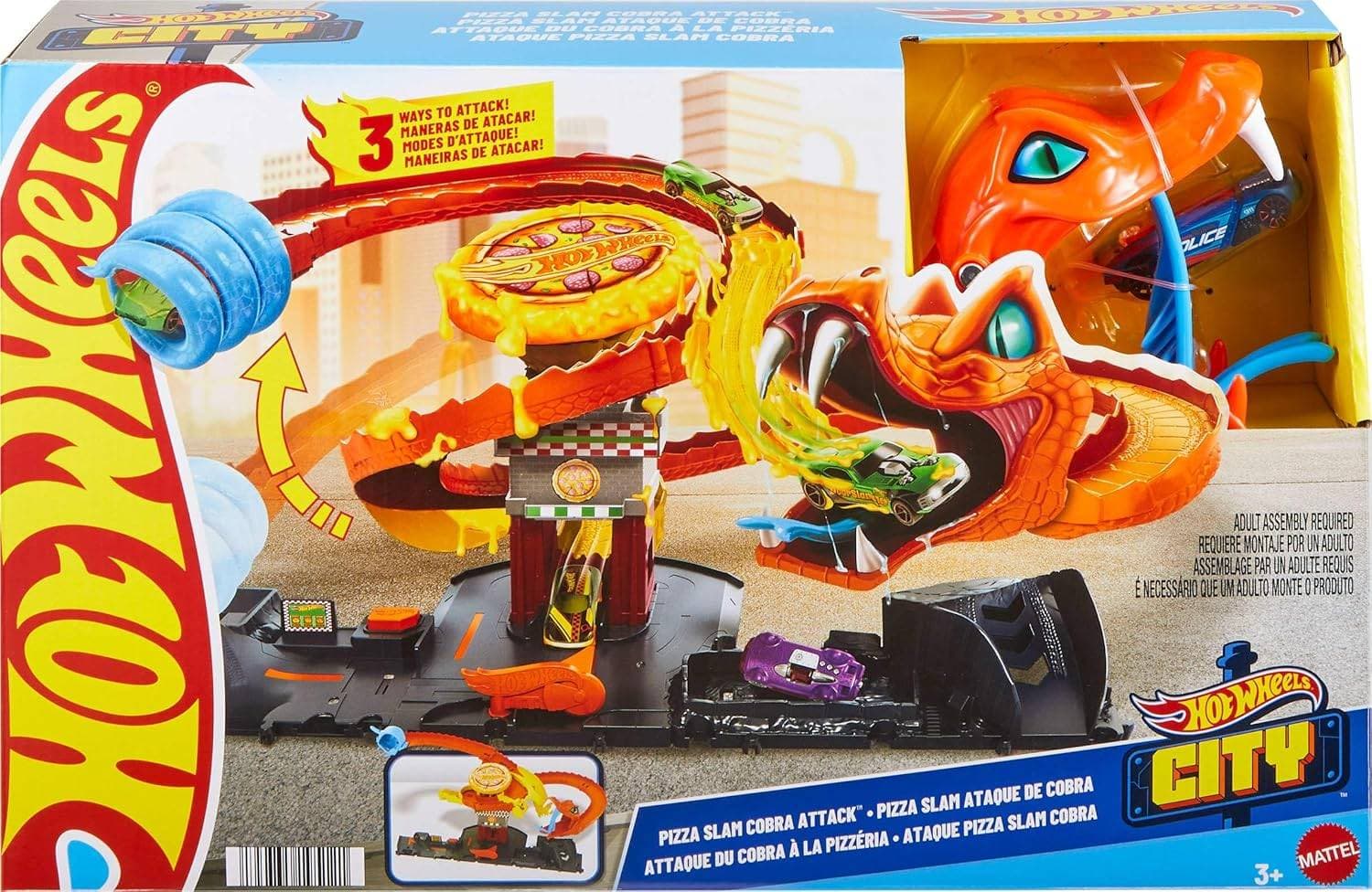 Hot Wheels City-banset med leksaksbil, Pizza Slam Cobra Attack, spiralformad bana med slumpfunktion i form av en orm, 1 fordon i skala 1:64, HTN81
