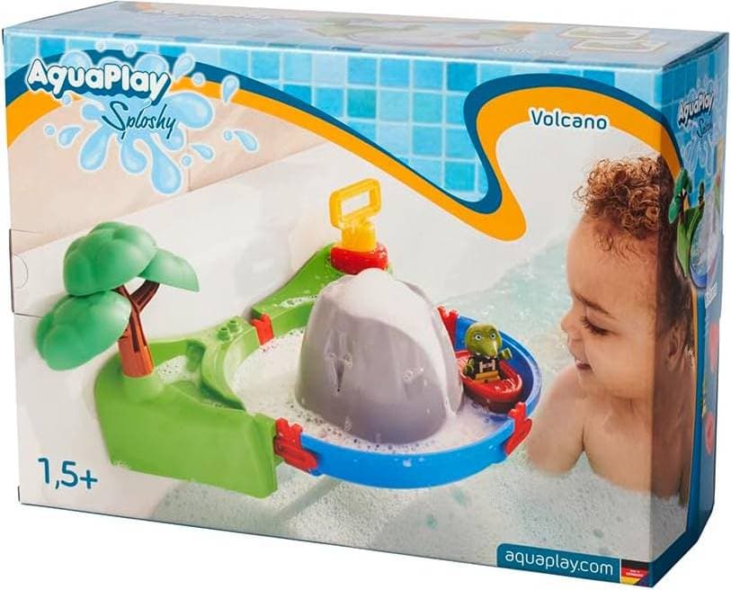 Aquaplay Sploshy Volcano badleksak med skummaskin vattenleksak för barn från 1,5 år leksaksvattenväg med skumlava, sjö och båt inkl. sugkoppar för badkar och Co