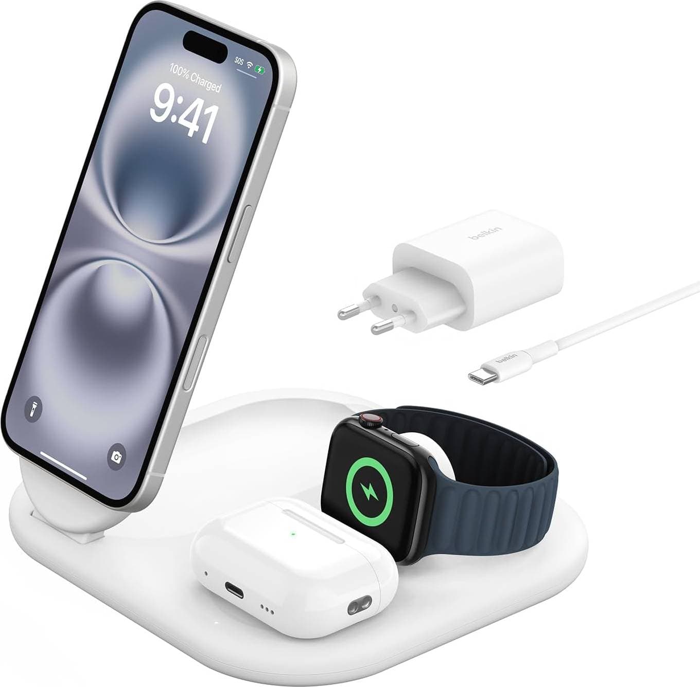 Belkin BoostCharge 3-i-1 magnetisk hopfällbar Qi2-laddare 15 W MagSafe-kompatibel laddare, för Apple iPhone 16, iPhone 15, 14, 13, 12, Apple Watch, AirPods, strömförsörjning medföljer Vit