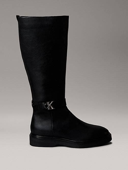 Calvin Klein Leather Signature Logo Knee Boots - Black