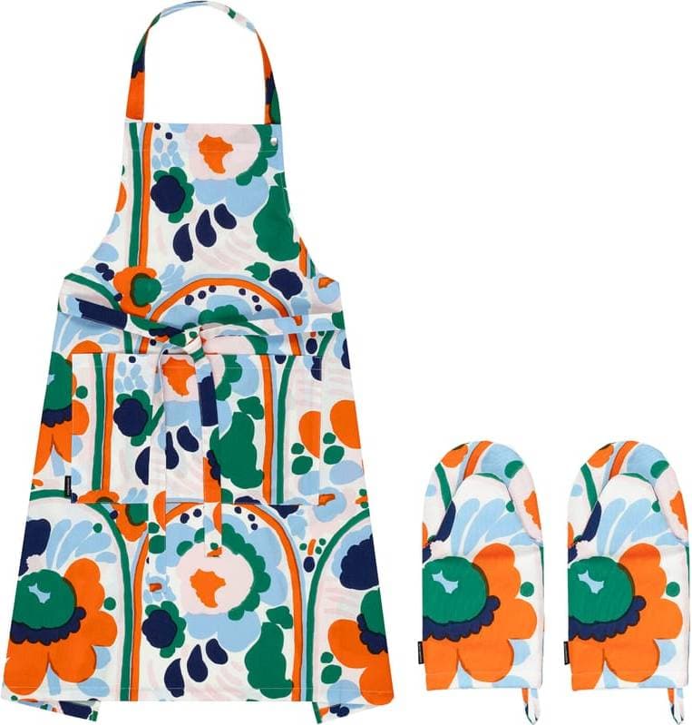 Marimekko Karuselli Textilset 3 Delar White-Orange-Blue Förkläde Vit, Orange, Blå, Grön