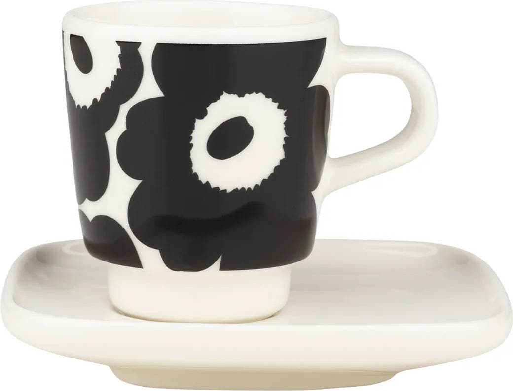 Marimekko Unikko Espresso Kopp Med Fat 2-Delar Black-White Espressokopp 2st