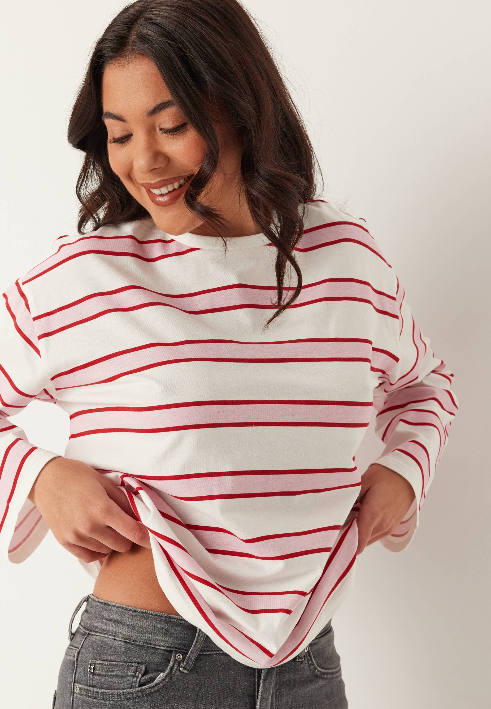 Pieces Pcmila Ls Loose Tee Jrs Kortärmade T-shirt - Rosa/Röd/Vit