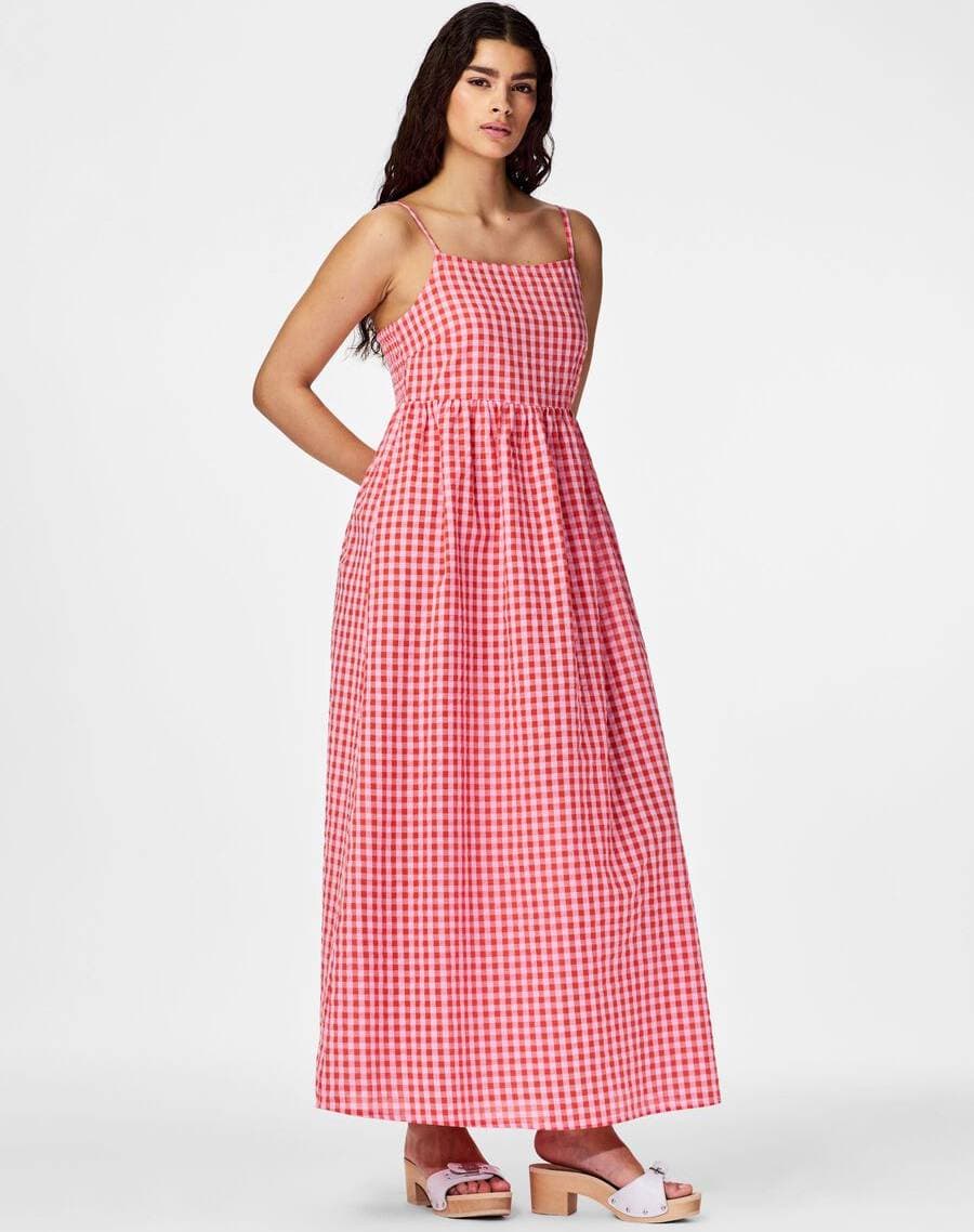 Pieces Pcliliane SL Ankle Dress WVN Dam Långa Klänning - Rosa/Röd