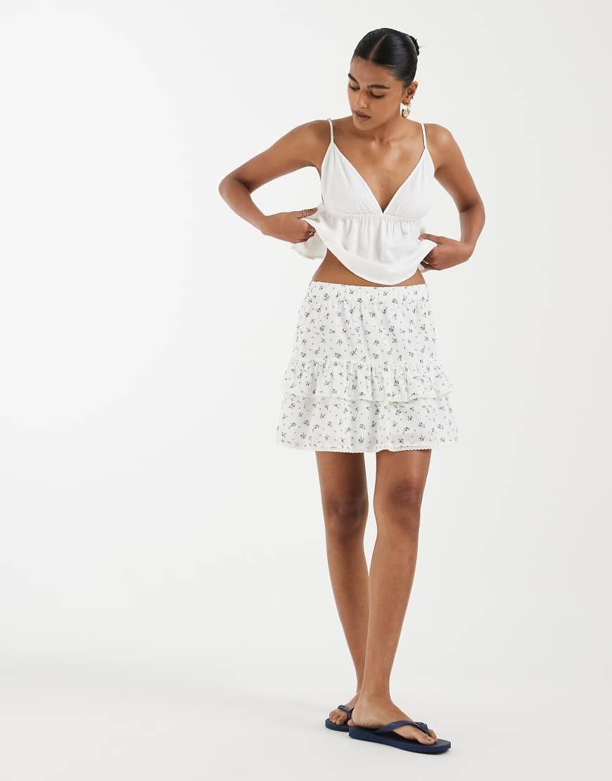 Vero Moda Minikjol Dobbytextur Volang Spetskant - Vit/Blå
