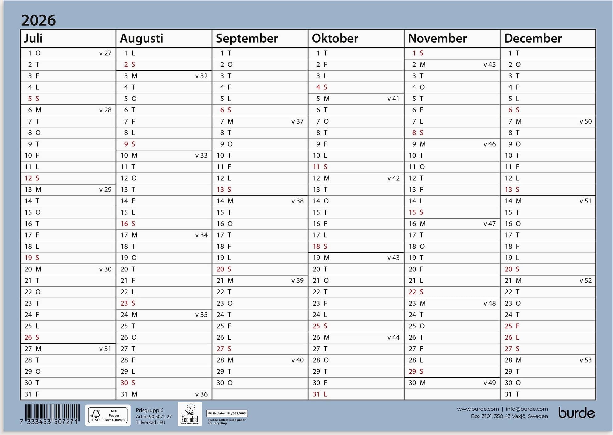 Burde Väggkalender Väggblad A4 26 27